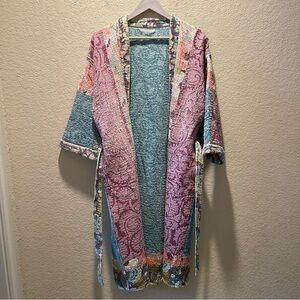 Boho long quilted belted multicolored reversible duster/kimono style jacket